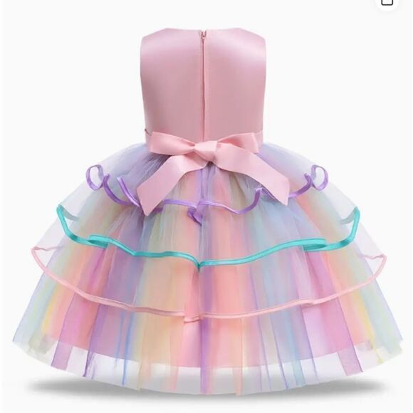 NEW! Little Girl Princess Unicorn Frilled Colorful Rainbow Mesh Hem Ball Gown - Picture 2 of 6